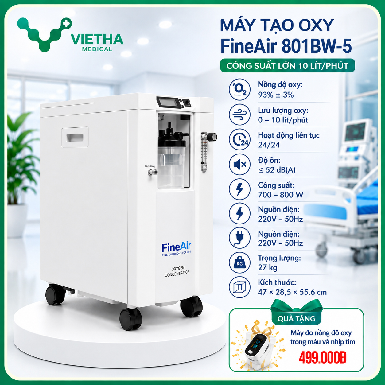 Máy Tạo Oxy FineAir 801BW-5 10 Lít/Phút – Hoạt Động Bền Bỉ 24/24