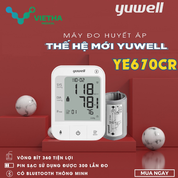 Máy đo huyết áp điện tử Yuwell YE670CR - Pin sạc 300 lần