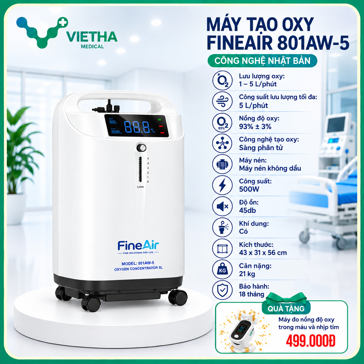 Máy tạo oxy FineAir 801AW-5  (5L/Phút) Êm Ái, Bền Bỉ, Bảo Hành 18 Tháng