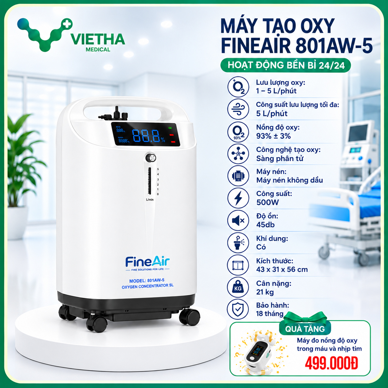 Máy tạo oxy FineAir 801AW-5  (5L/Phút) Êm Ái, Bền Bỉ, Bảo Hành 18 Tháng