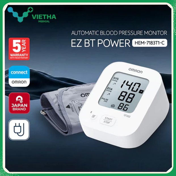 OMRON HEM-7183T1-C Máy Đo Huyết Áp Bluetooth Kết Nối ĐIện Thoại Chính Hãng Nhật Bản