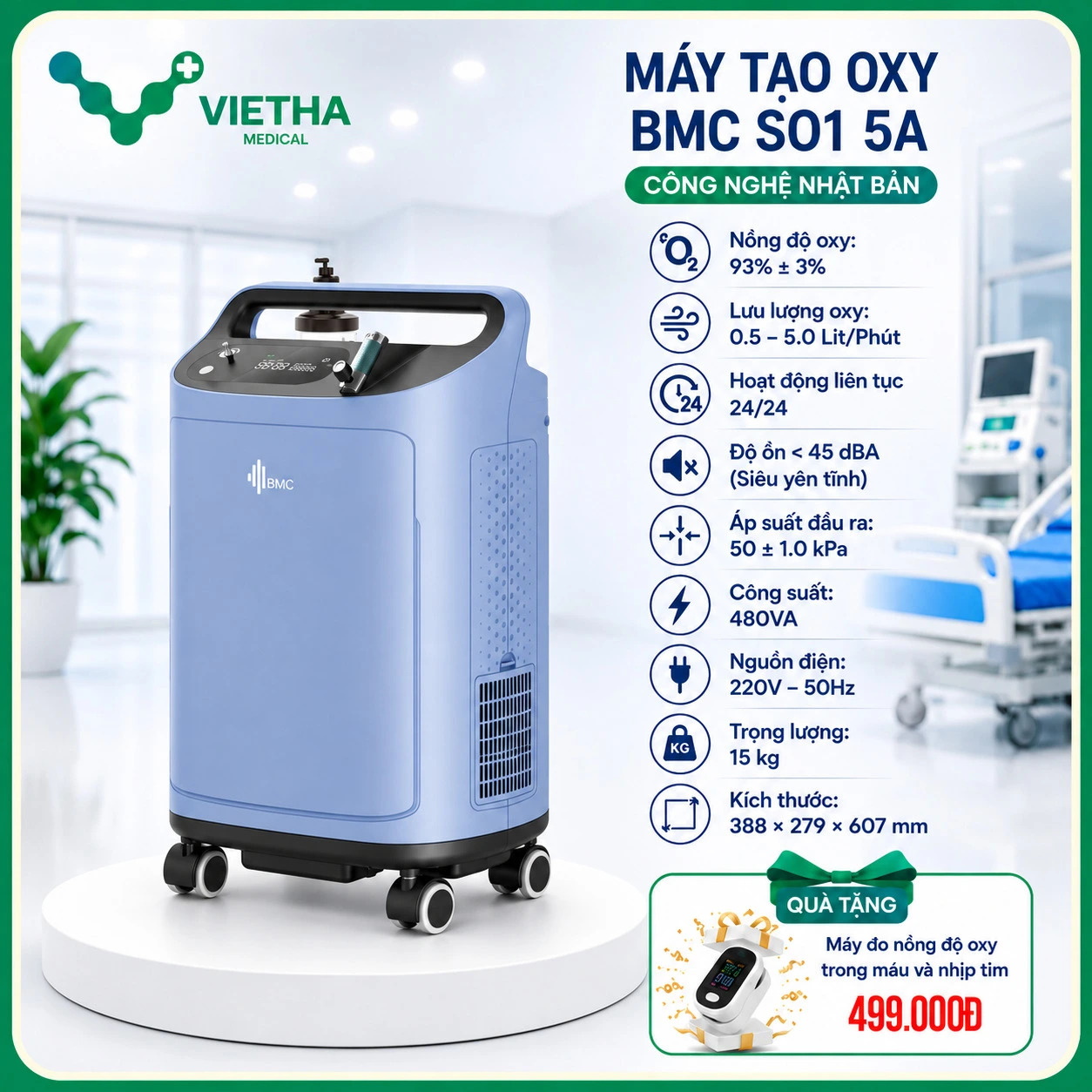 Máy Tạo Oxy BMC SO1 5A (5L/Phút) Siêu Bền, Siêu Êm, Bảo Hành 2 Năm